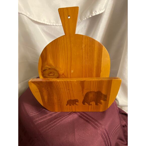 Toadily Handmade Wood 8.5 inch Paper Plate Holder carved Bear and Cub signed EUC - Picture 12 of 16